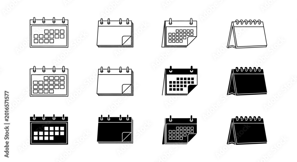 Fototapeta premium collection of twelve calendar icons line art and silhouette styles