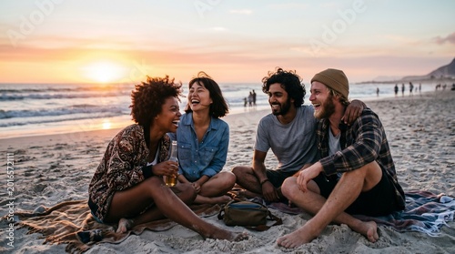 group of friends at sunset