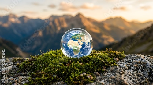 A crystal globe of Earth rests on mossy ground with mountains in the background
