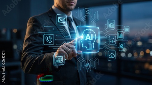 Businessperson tapping an artificial intelligence icon for autonomous AI business process automation.