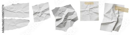 Fotografie Realistic White Crumpled Paper Scraps and Torn Sheets Collection with Adhesive T