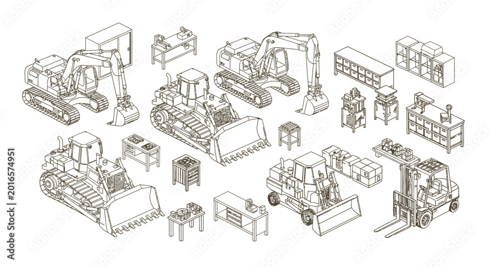 Naklejka premium industrial machinery and heavy equipment set featuring construction vehicles logistics gear and engineering tools for technical illustrations.