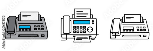 Quadro su tela Collection of Retro Fax Machine Icons and Office Telephone Illustrations Featuring Paper Trays, Digital Displays, and Handsets for Professional Business Communication Concepts