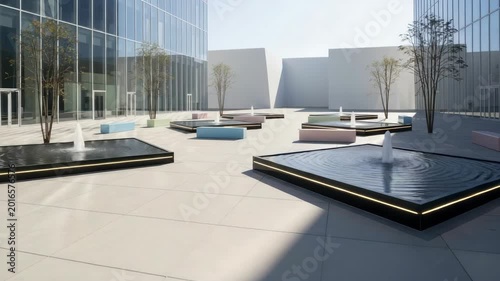 Modern architecture urban fountain plaza with water features