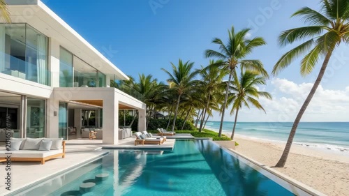 Modern house with infinity pool and palm trees on sandy beach
