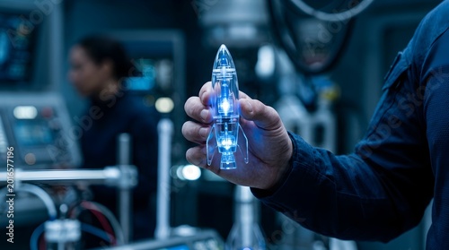 Futuristic glowing rocket prototype held by a researcher in a high-tech laboratory setting