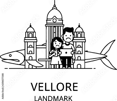 People with mobile devices in front of Vellore landmark