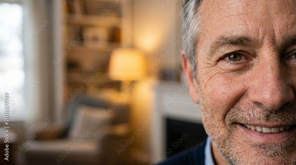 Obraz premium Close up portrait of a smiling middle aged man with grey hair in a cozy home setting