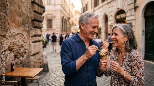 Happy senior couple enjoying ice cream together on a European street