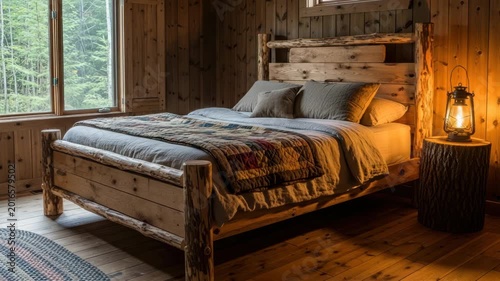 Rustic bedroom interior featuring wooden bed and decorative lantern