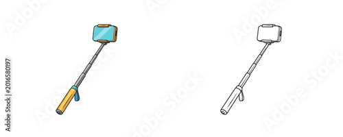 Canvastavla Color and line cartoon illustrations of a retractable selfie stick with a smartp