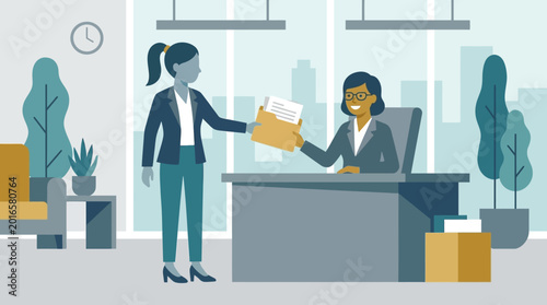 Businesswoman receiving documents at office desk.