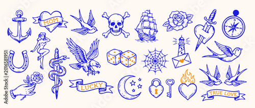 Photos Ink-stained Tales: A curated collection of vintage tattoo designs in navy and gold hues, each telling a unique story of love, adventure, and destiny