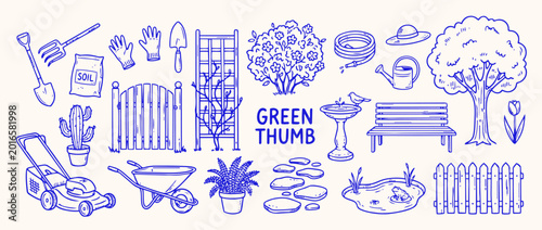 Cuadro en lienzo Gardening Tools and Garden Elements: A charming illustration showcasing an array of gardening tools and elements, perfect for enhancing your outdoor space and nurturing your green thumb
