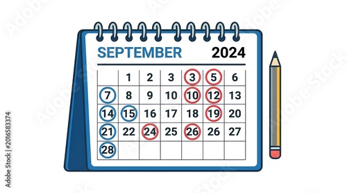 Flat vector icon of open business calendar with marked dates in red and blue, pencil beside it, white background