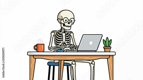 A cartoon skeleton sitting at a desk working on a laptop with a coffee cup and plant on a white background.