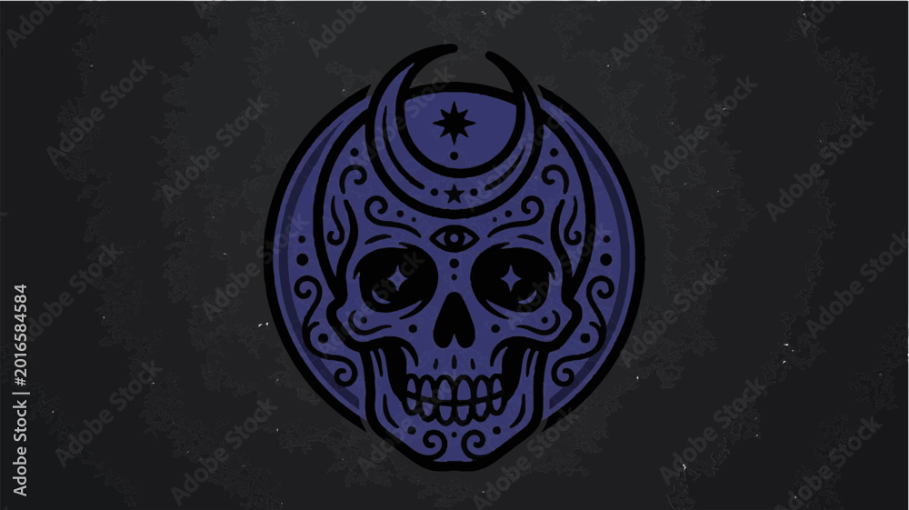 Fototapeta premium Illustration of a sugar skull with blue swirls and crescent moon on a dark background.