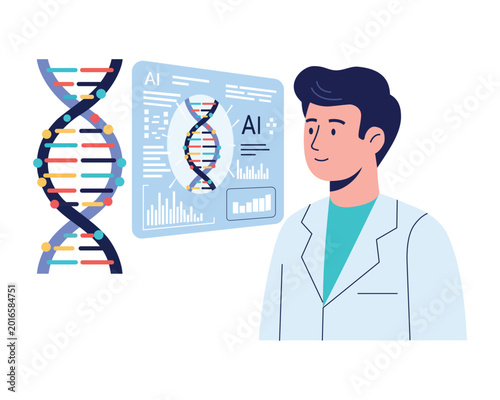 Male Scientist Analyzing DNA Strand and AI Data Screen, Biotechnology Research Concept Illustration