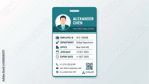 Close-up of a company employee ID card with a teal background and white text.