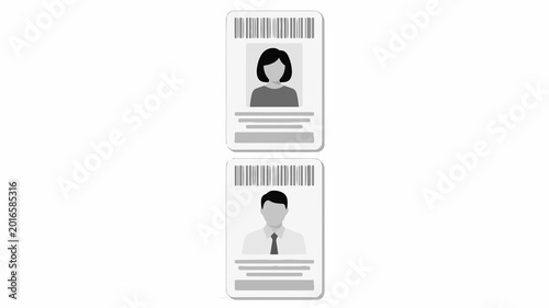 Two employee ID cards with a man and woman on a plain white background.