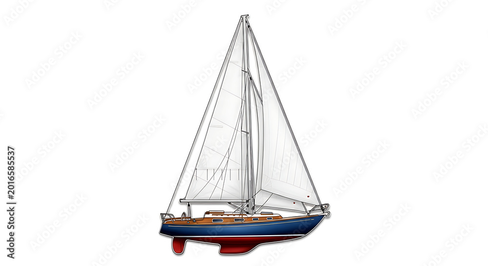 Fototapeta premium Colorful sailboat with white sails on calm water recreation activity transparent background