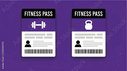 Two purple fitness pass cards with dumbbell and kettlebell icons on a white background
