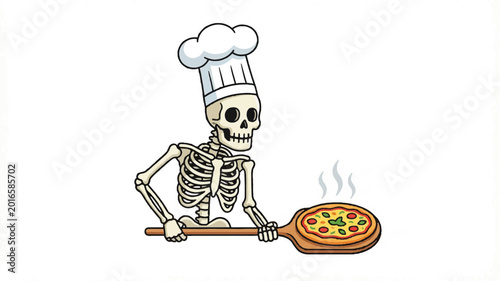 A skeleton wearing a chef hat holding a pizza peel with a hot pizza against a white background