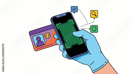 Illustration of a hand wearing a blue glove holding a smartphone with a green screen and a colorful ID card in the background on a white background.