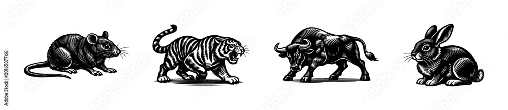 Fototapeta premium Vintage style black and white animal illustrations of mouse bull tiger and rabbit silhouette vector clipart