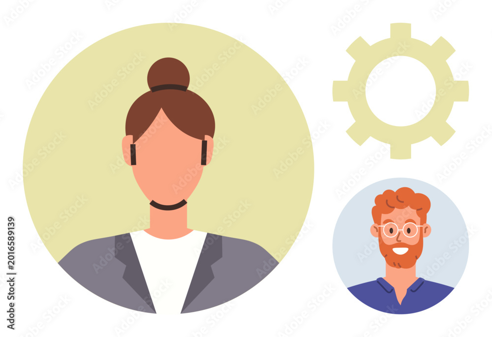 Fototapeta premium Team collaboration, networking, communication, professional relationships, leadership, problem-solving. Female and male profiles with gear icon. Team collaboration and networking concept