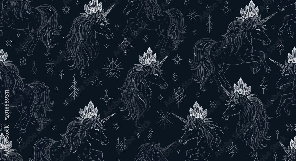 Fototapeta premium seamless magical unicorn pattern with crystal crowns and mystical symbols on dark background great for fantasy textile design.
