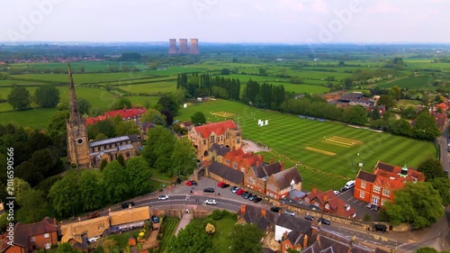 Aerial landscape showing Repton village church and power station towers