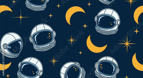 seamless space pattern with astronaut helmets moons and stars on dark blue