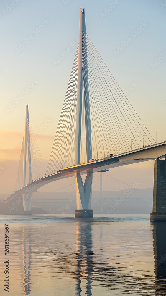 Fototapeta premium Stunning cable stayed bridge over water at sunrise.