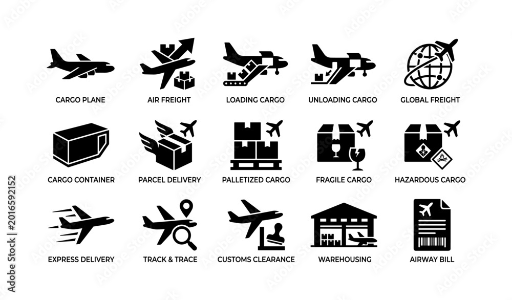 Fototapeta premium Air freight icons of planes and cargo packages on white background