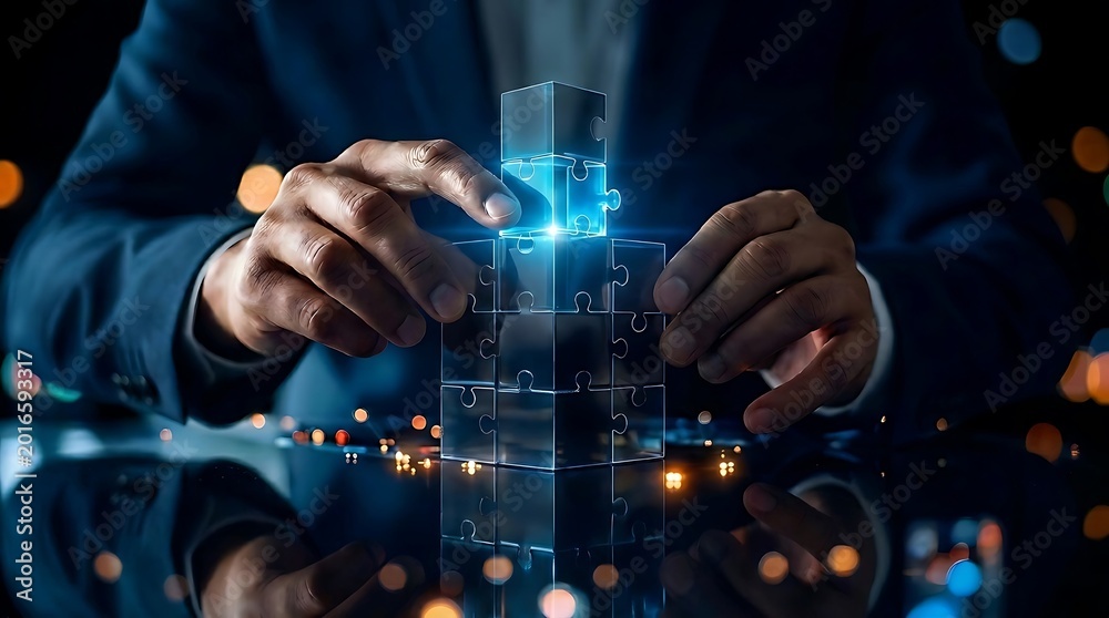 Fototapeta premium Businessman assembling glowing translucent puzzle pieces into a tower, symbolizing strategy, innovation, and problem-solving in a modern business environment.