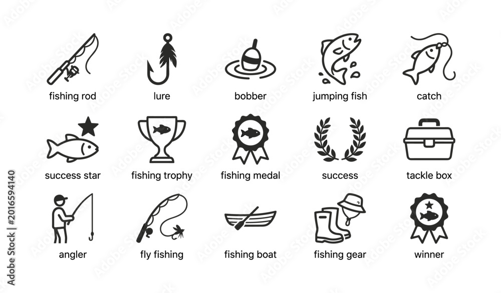 Obraz premium Fishing equipment and success icons arranged in grid layout