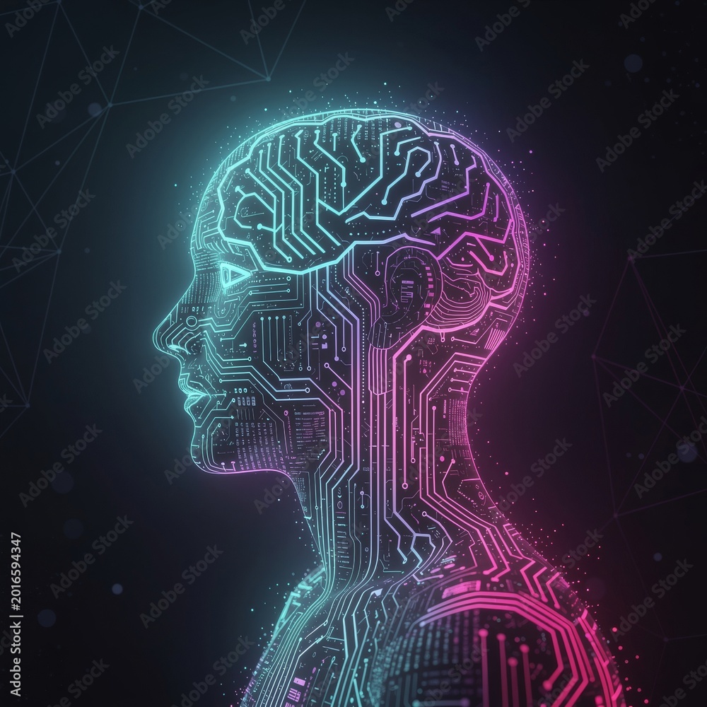 Obraz premium Human Head Silhouette with Digital Circuitry and Neural Network