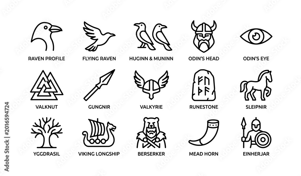 Fototapeta premium Norse mythology icons showing ravens, helmets and symbols