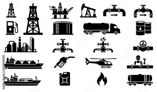 Tableau sur toile Black Oil and Gas Industry Icon Set with Extraction Refining Transportation and