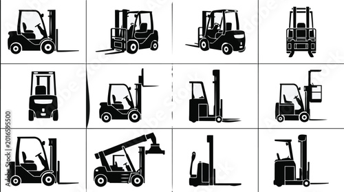 Collection of various forklift truck silhouettes for industrial warehouse logistics.