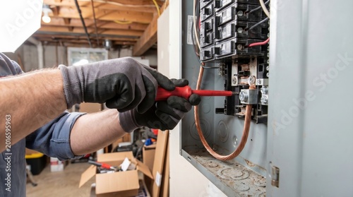 Electrician hands wearing protective gloves using a red insulated screwdriver inside a residential breaker panel