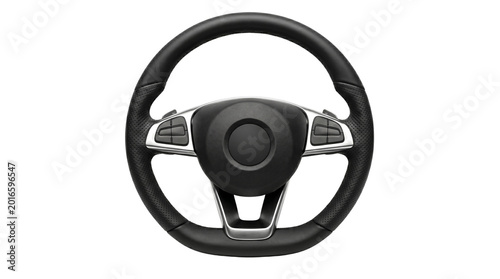 Obraz na plátně Black leather car steering wheel isolated on transparent background png