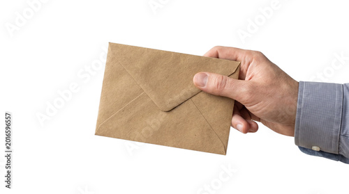 Tableau sur toile Hand holding brown kraft envelope isolated on transparent background png