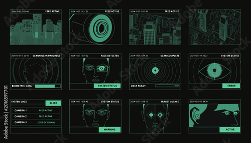 Surveillance UI CCTV Biometric Facial Recognition Security Dashboard Green Vector