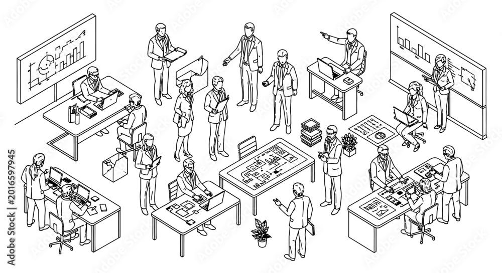 Naklejka premium business people and office workers engaging in teamwork and collaboration managing projects and strategy in an isometric office.