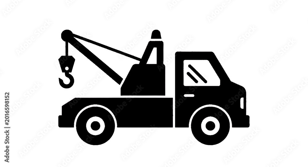 Naklejka premium Vector illustration of black silhouette icon of a tow truck with a crane and hook for vehicle recovery services on a transparent background