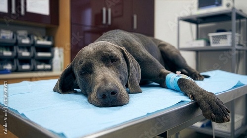 A grey Weimaraner lies on a blue pad covering an exam table while receiving fluids through an IV catheter, veterinary healthcare industry, critical pet care concept, medical intervention theme.