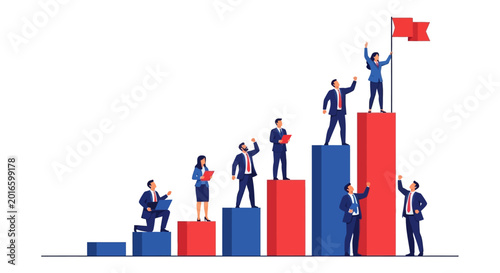 business success and career growth concept showcasing a team achieving professional development by climbing up an ascending bar chart.