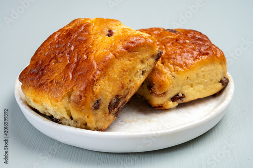 Homemade british sweet scons with raisins and chocolate dessert
